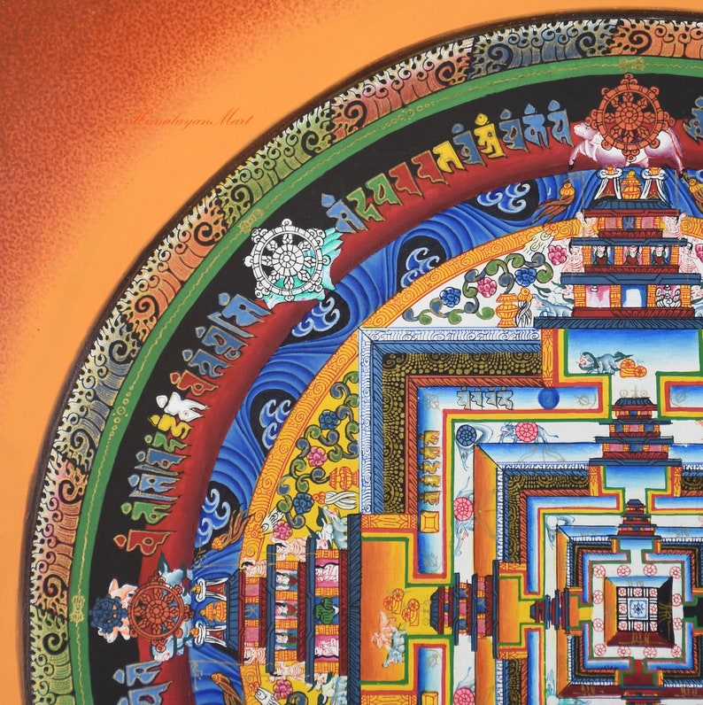 May include: A detailed, colorful painting featuring a mandala design. The artwork showcases concentric circles with intricate patterns, including floral motifs, geometric shapes, and symbolic elements. The color palette includes shades of orange, blue, yellow, and red.