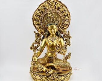 24K Gold Gilded Green Tara Statue: Hand Carved Tibetan Buddhist Copper Rupa