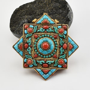 Fine Quality Handmade Buddhist Tibetan Pendant Ghau Prayer Box Fine Carvings Decorated with Coral and Turquoise Gem Stones from Patan, Nepal
