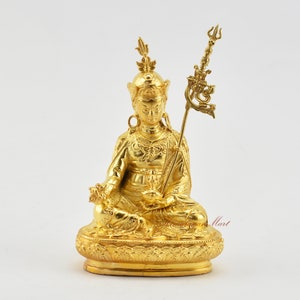 Fine Quality Gold Plated Tibetan Small Guru Rinpoche / Padmasambhava Ritual Copper Statue from Patan, Nepal for Shrine / Altar / Monastery