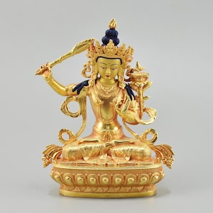 Gold Plated Fine Quality Tibetan Buddhist Handcrafted Manjushri Copper Statue for Altar / Shrine / Monastery from Patan, Nepal