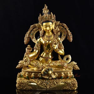 Intricately Hand Carved Fine Quality 24 Karat Gold Gilded Hand Painted Face Green Tara / Dolma / Drolma Copper Statue from Patan, Nepal