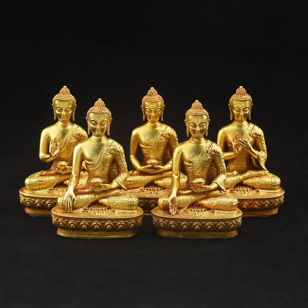 Fine Quality Gold Plated Five Dhyani Buddha / Pancha Buddha Copper Statues Set from Patan, Nepal