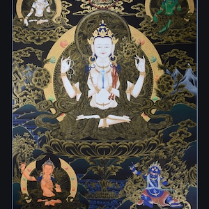 Fine Quality Hand Painted Chenrezig Cotton Canvas Tibetan Thangka Religious Ritual Wall Hanging Scroll Painting from Patan, Nepal