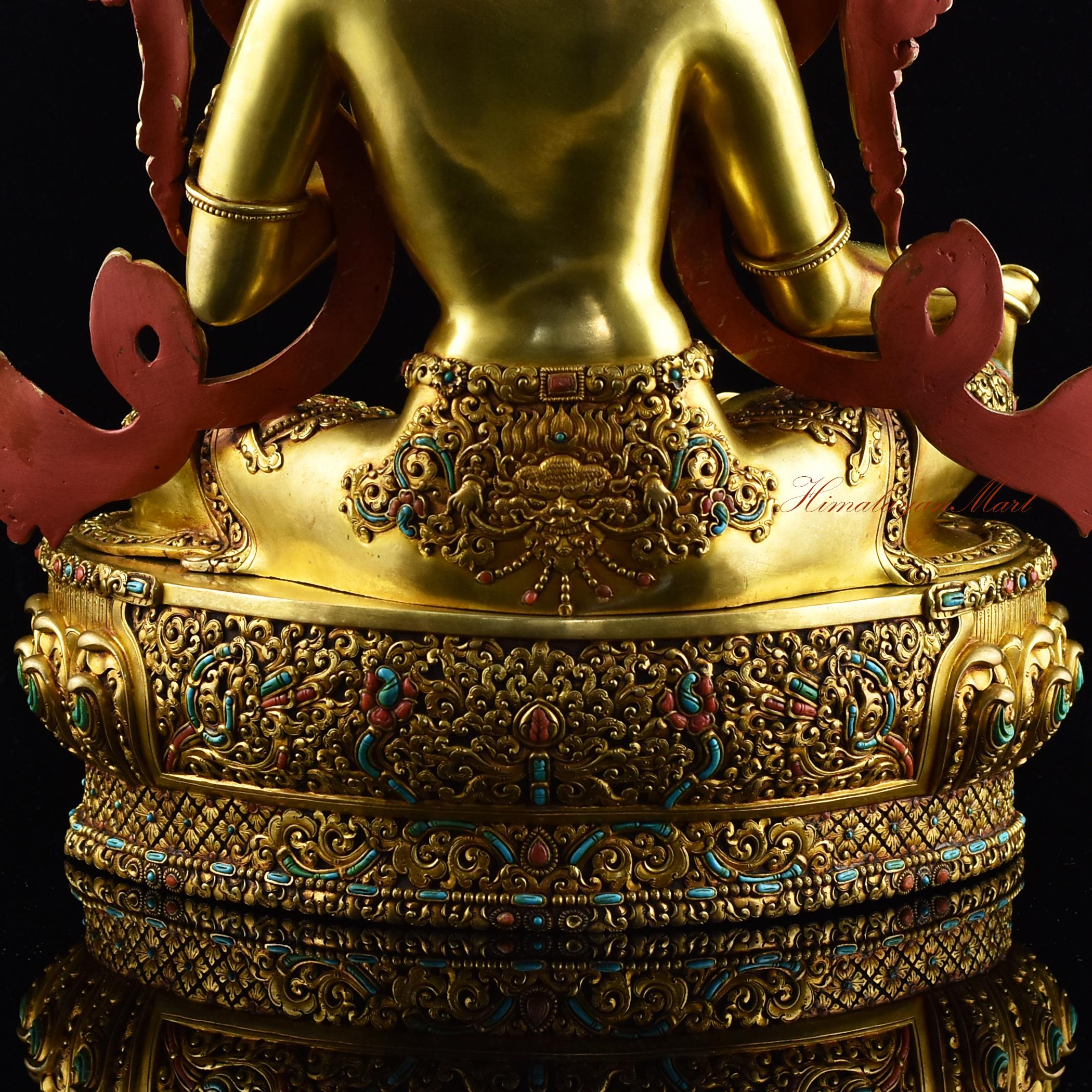 24K Gold Gilded Green Tara Statue: Hand-painted Copper Drolma