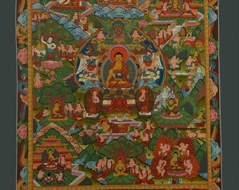 Lienzo de algodón pintado a mano Life of Buddha Story budista tibetano Thangka Thanka pintura de desplazamiento colgante de pared religiosa de Patan, Nepal