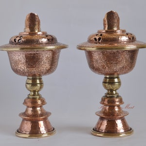Fine Quality Tibetan Buddhist Copper with Brass Rings Butter Lamps Set from Patan Nepal – Ritual Lamp Offering Shrine, Altar, Monastery