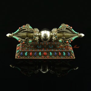 Fine Quality Handmade Silver Ritual Tibetan Buddhism Vajra / Dorje – The Thunderbolt with Copper Stand Set Decorated with Stones from Nepal
