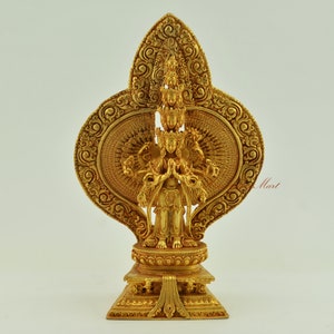 Tibetan Buddhism Thousand Armed Sahasrabhuja Avalokiteshvara / Lokeshvara / Chenrezig Gold Plated Copper Statue from Patan, Nepal