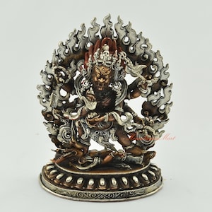 Silver Plated Oxidized Tibetan Buddhist Black Mahankala / Mahakala Copper Statue Rupa for Altar / Shrine / Monastery from Patan, Nepal