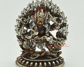 Silver Plated Oxidized Tibetan Buddhist Black Mahankala / Mahakala Copper Statue Rupa for Altar / Shrine / Monastery from Patan, Nepal