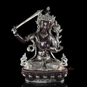 Fine Quality Hand Carved Copper Alloy Silver Plated in Oxidation Finish Tibetan Manjushri / Jambiyang Statue Rupa Statue from Patan, Nepal