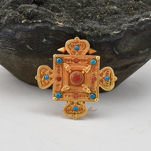 Hand Made Tibetan Buddhist Gold Plated Silver Ghau Pendant Prayer Box Jewelry Decorated with Coral and Turquoise Stones from Patan, Nepal