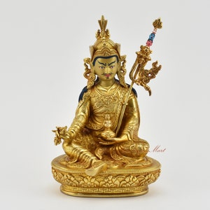 Fine Quality Hand Carved Buddhist Tibetan Ritual Guru Rinpoche Padmasambhava Gold Gilded Hand Face Painted Copper Statue from Patan, Nepal