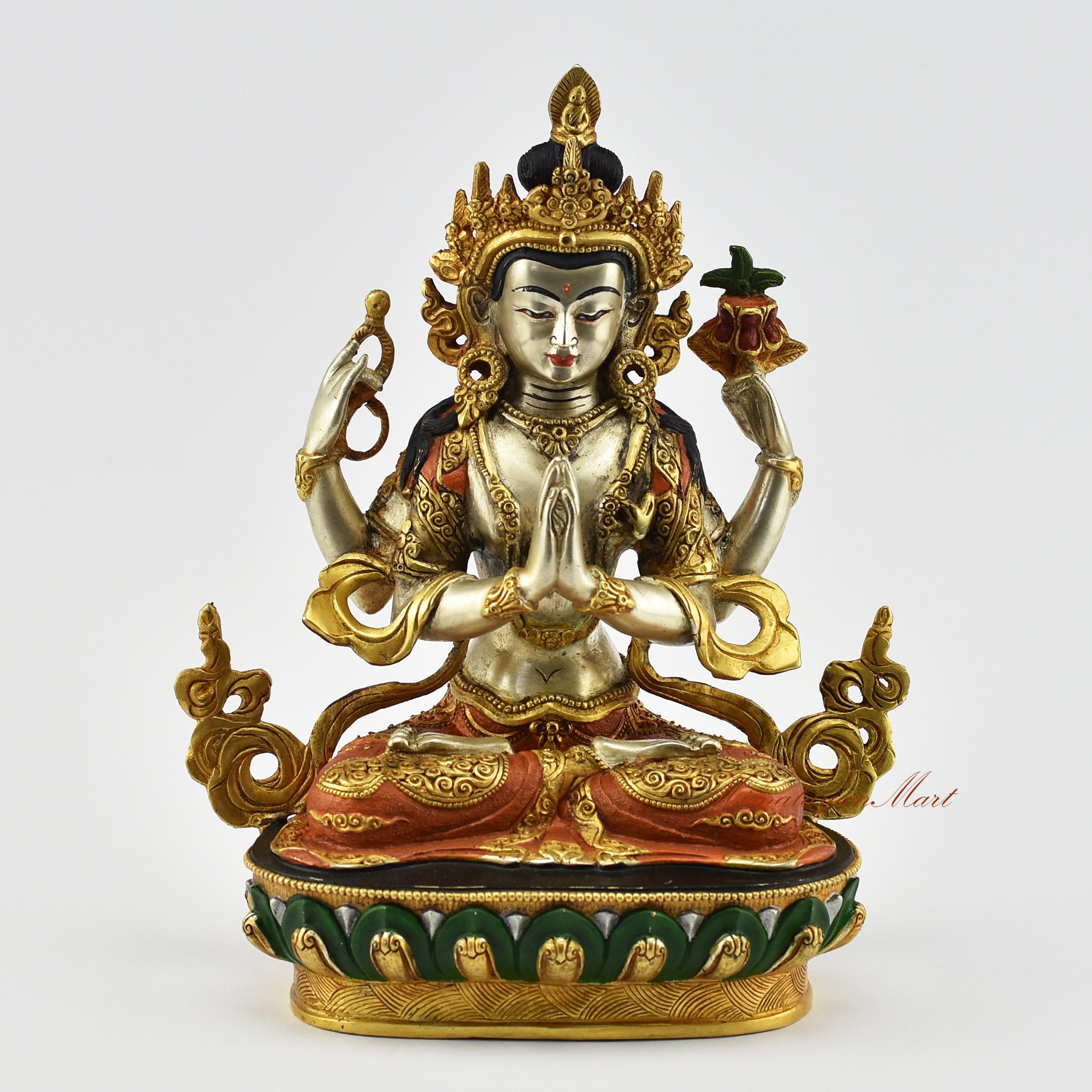 Hand Carved 24 Karat Gold Gilded & Beautifully Hand Painted Tibetan Chenrezig / Four Armed Avalokiteshvara Statue / Rupa from Patan, Nepal