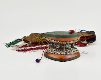 Hand-Crafted Tibetan Damaru Drum: Coral & Turquoise, Patan Nepal