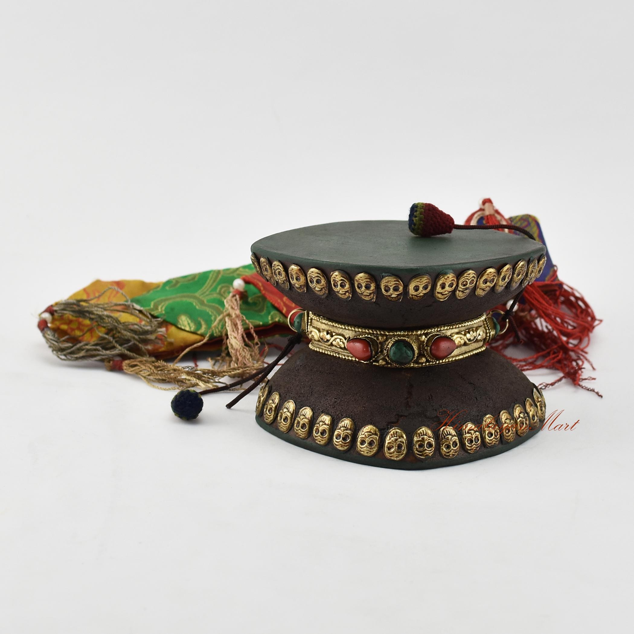 Hand Made Tibetan Buddhist Ceremonial Ritual Damaru Chod or Mystical Drum Tibet / Nepal with silk tail and cover Ritual Object