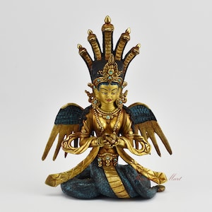 Fine Quality Hand Carved 24 Karat Gold Gilded & Painted Tibetan Buddhist Naga Kanya – The Serpent Goddess Copper Statue from Patan Nepal