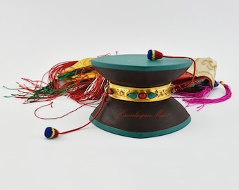 Handmade Tibetan Damaru Drum: Wood, Coral & Turquoise, Patan Nepal