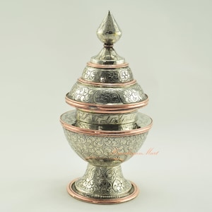 Fine Quality Hand Made Buddhist Tibetan Ritual White Metal Nesi / Dhupur – Rice Pot for Shrine / Altar / Monastery from Patan, Nepal