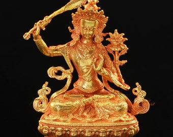 Fine Quality Gold Plated Jampelyang / Manjushri Buddha Small Copper Statue for Altar / Shrine / Monastery from Patan, Nepal
