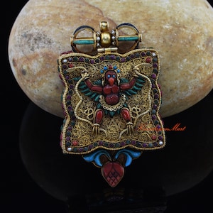 Beautifully Hand Carved Garuda & Green Tara Silver Tibetan Jewelry Ritual Religious Ghau Pendant Prayer Box from Patan, Nepal