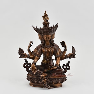 Entirely Handmade Fine Quality Tibetan Buddhist Vasundhara / Basundhara Copper Ritual Statue Rupa in Oxidation Finish from Patan, Nepal