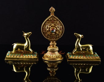 Hand Carved Fine Quality 24 Karat Gold Gilded Copper Alloy Dharma Wheel & Pair of Deer for Shrine Altar Monastery Roof Top from Patan, Nepal