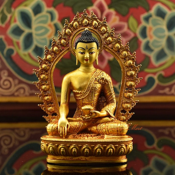 Gold Plated Shakyamuni Buddha Statue: Hand Painted Face, Patan