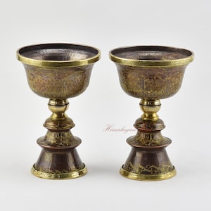 Fine Quality Hand Made Buddhist Tibetan Copper with Brass Rings in Oxidation Finish Butter Lamps Set for Altar Shrine Monastery Patan, Nepal