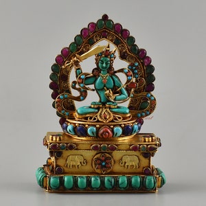 Fine Quality Handmade Tibetan Buddhist Manjushri / Manjushree / Jambiyang Religious Ritual Shrine Gold Plated Silver Statue from Patan Nepal