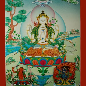 Hand Painted Avalokiteshvara Chenrezig Cotton Canvas Tibetan Thangka Thanka Religious Ritual Wall Hanging Scroll Painting from Patan, Nepal