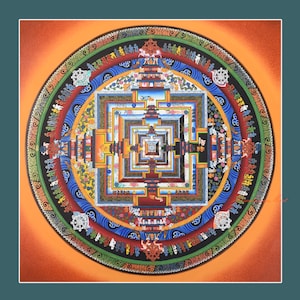 Original Hand Painted Gold Detailed Tibetan Buddhist Kalachakra Mandala Wheel of Time Thangka Religious Ritual Scroll Wall Hanging Painting