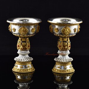 Hand Carved Buddhist Tibetan Silver & Gold Gilded Copper Ritual Offering Butter Lamps Set for Shrine / Altar / Monastery from Patan, Nepal