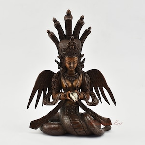 Fine Quality Hand Carved Tibetan Buddhist Naag Kanya Copper Statue Rupa in Oxidation Finish from Patan, Nepal