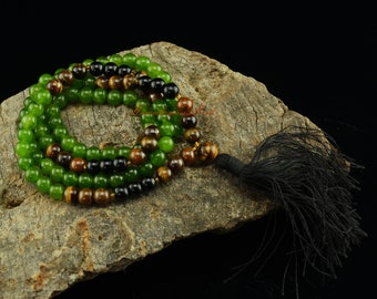 8 mm Jade 108 Beads Mala with Tiger Eye Partition Beads Buddhist Tibetan Spiritual Ritual Meditational Rosary Prayer Beads Japa Mala