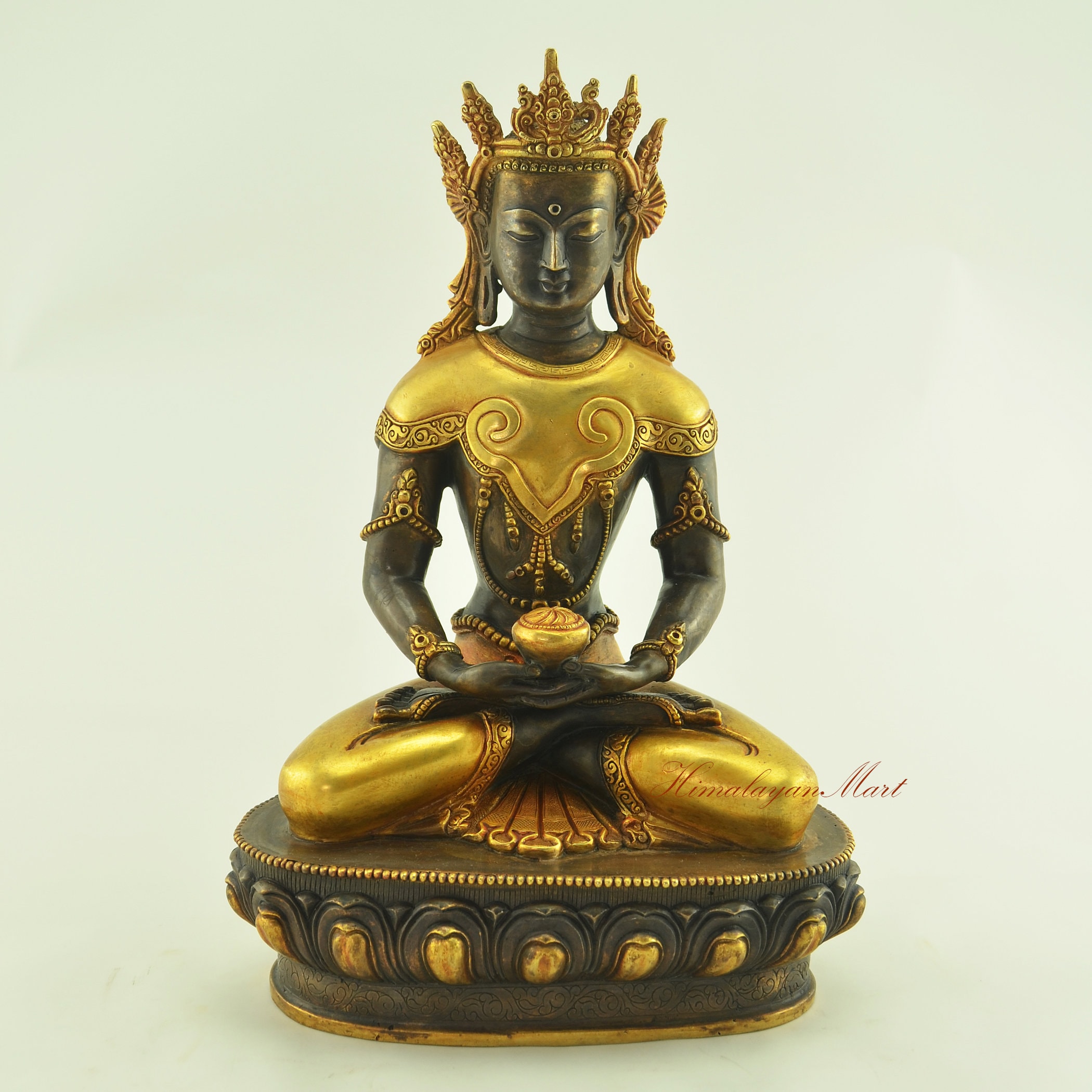 Fine Quality Hand Carved Gold Gilded Tibetan Buddhist Crowned Amitabha Buddha Opame Copper Statue Rupa in Oxidation Finish from Patan, Nepal