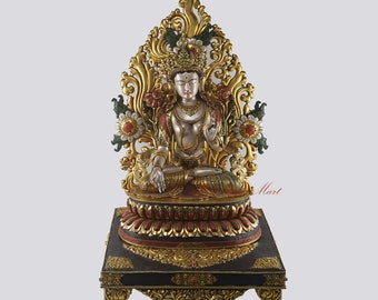 Excellent Quality Hand Carved Painted & Gold Gilded Copper Tibetan Crowned White Tara / Dholkar on Throne Sculpture Statue from Patan, Nepal
