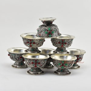 Fine Quality Hand Carved Silver Plated Copper Alloy Tibetan Buddhist Ritual Ceremonial Eight Offering Bowls Tings Set from Patan, Nepal