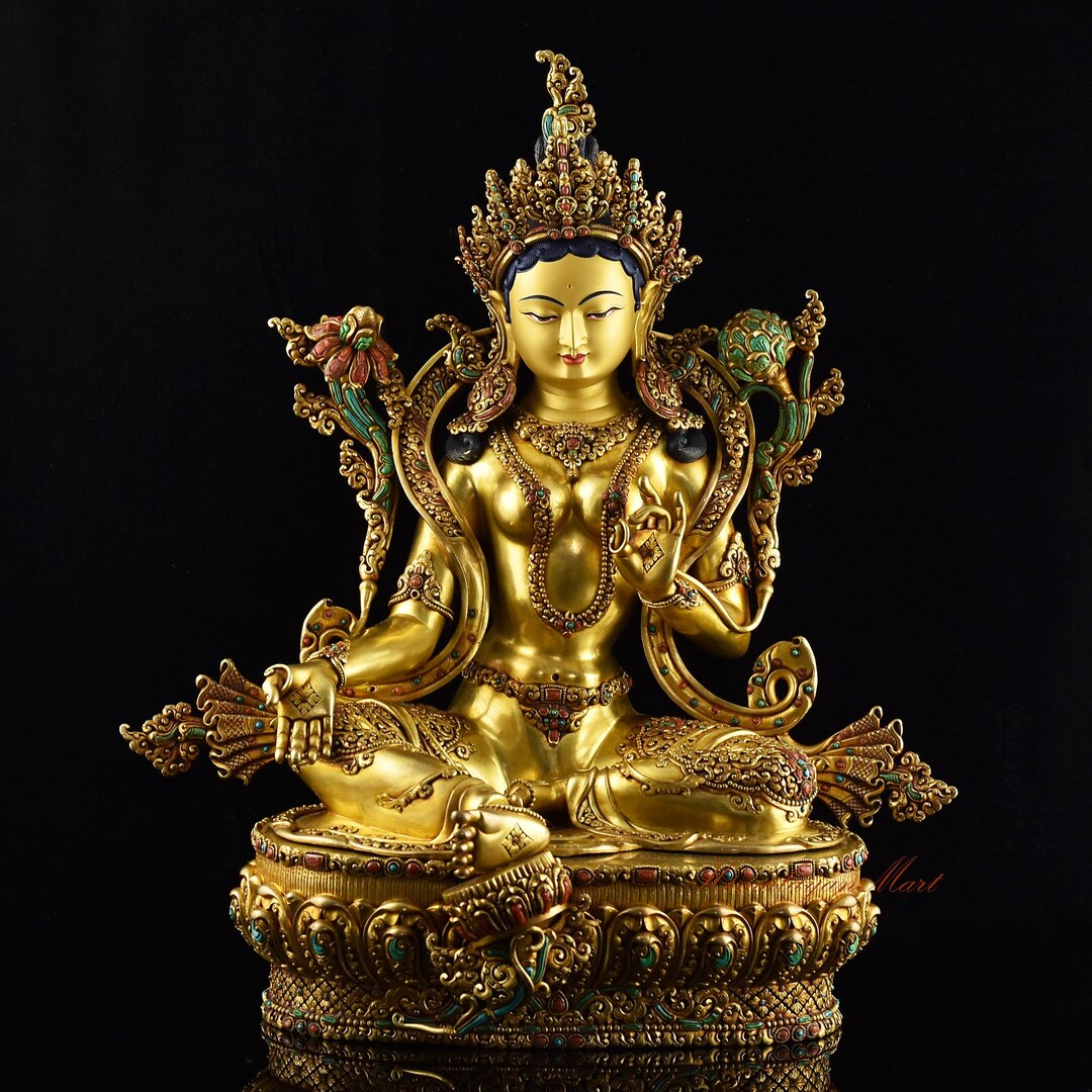 24K Gold Gilded Green Tara Statue: Hand-painted Copper Drolma