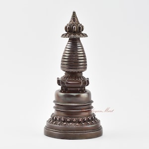 Fine Quality Hand Carved Kadam Style Copper Stupa Chorten Chaitya in Oxidation Finish from Patan, Nepal for Altar Shrine Monastery Offering