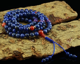 8 mm Lapis 108 Prayer Beads with Carnelian Partition Beads Tibetan Buddhist Ritual Spiritual Meditational Prayer Beads Rosary Japa Mala