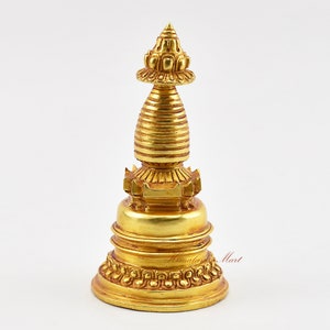 Fine Quality Hand Carved Copper Alloy with Gold Plated Tibetan Buddhist Religious Ritual Stupa / Chorten / Chaitya from Patan, Nepal