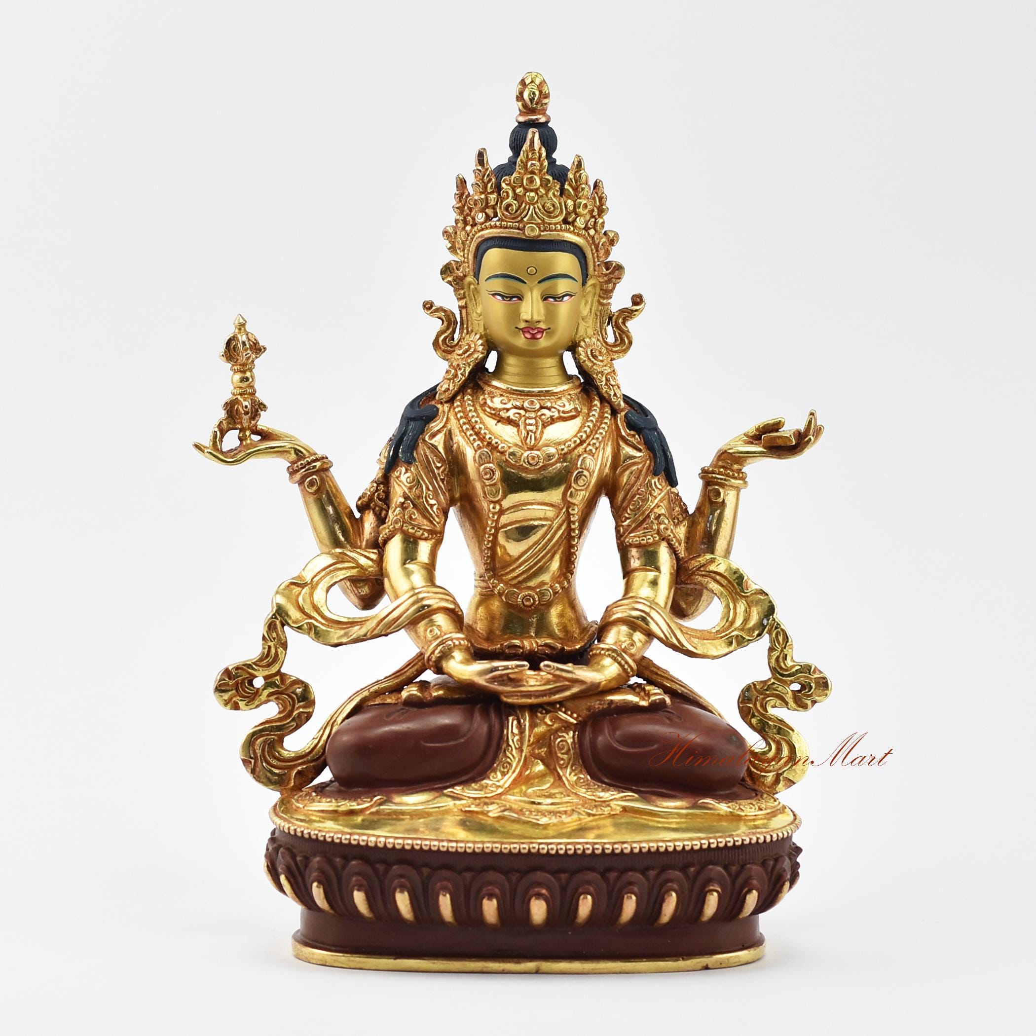 Fine Quality Hand Carved 24 K Gold Gilded Tibetan Four Armed Prajnaparamita Copper Statue Rupa from Patan, Nepal for Altar Shrine Monastery