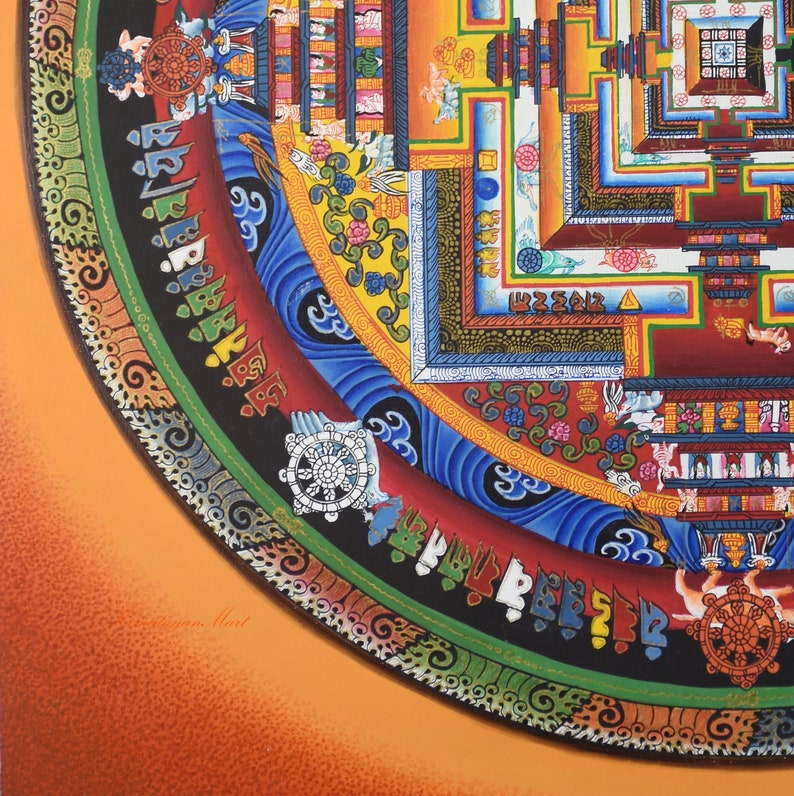 May include: A vibrant, detailed painting of a Buddhist mandala. The artwork features concentric circles with intricate patterns, including geometric shapes, floral motifs, and symbolic imagery. The color palette includes red, blue, yellow, and orange hues.