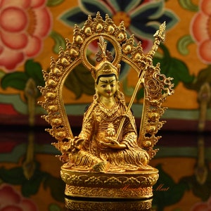 Fine Quality Gold Plated Face Painted Tibetan Buddhist Framed Guru Rinpoche / Padmasambhava  Ritual Copper Statue Rupa from Patan, Nepal