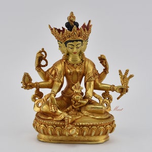 Gold Plated Hand Painted Face Tibetan Buddhist Vasundhara / Basundhara Bodhisattva Statue Copper Ritual Statue Rupa from Patan, Nepal