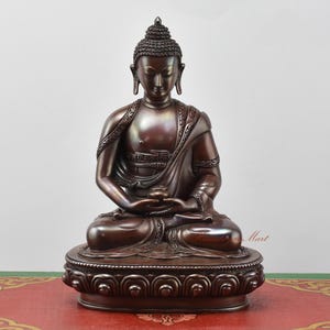 Hand Carved Fine Quality Tibetan Buddhist Ritual Amitabha Buddha Opame Copper Statue Rupa in Oxidation Finish from Patan, Nepal