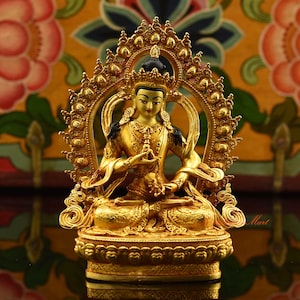 Fine Quality Gold Plated Face Painted Tibetan Buddhist Framed Vajrasattva / Dorje Sempa Ritual Copper Statue Rupa from Patan, Nepal