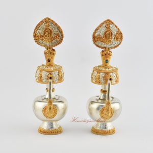 Fine Quality Gold & Silver Plated Copper with Fine Hand Carvings Bhutanese Style Bhumpa Set  for Altar Shrine Monastery from Patan, Nepal